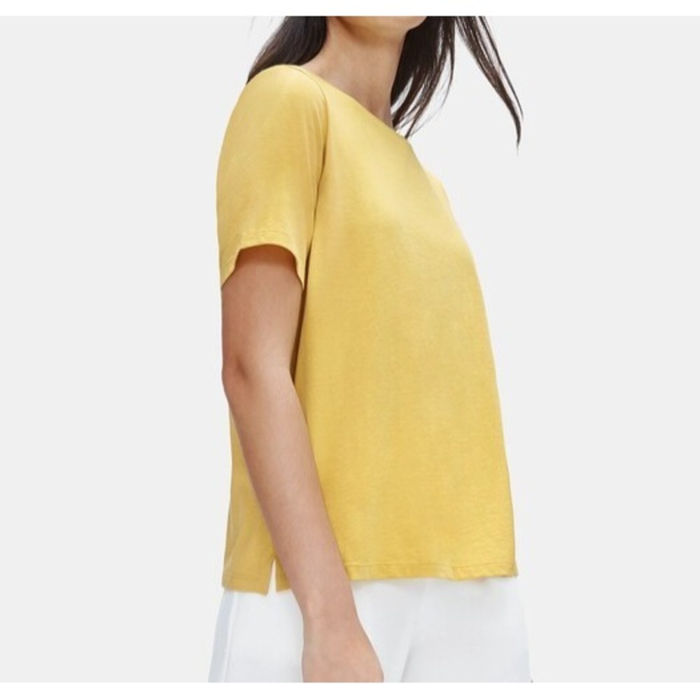 EUC Eileen Fisher 100% Organic Cotton Jersey Crew Neck Tee yellow size XS